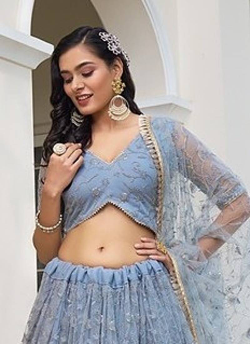 Light Blue Net Embroidered & Thread Work Semi Stitched Lehenga Choli