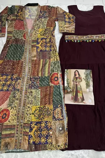 Brown Heavy Fox Georgette Readymade Anarkali Shrug Suit With Silk Print