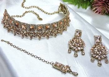 Gold yellow gold premium designer american diamond and stone work necklace set 3