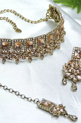 Gold yellow gold premium designer american diamond and stone work necklace set