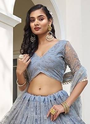 Light Blue Net Embroidered & Thread Work Semi Stitched Lehenga Choli 2