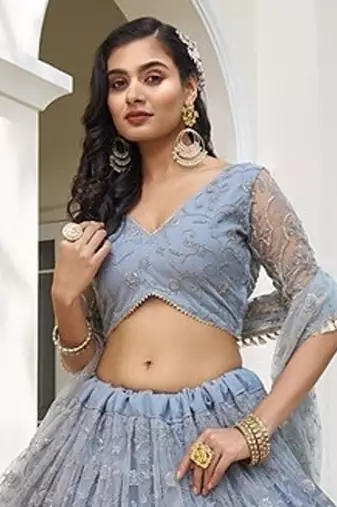 Light Blue Net Embroidered & Thread Work Semi Stitched Lehenga Choli