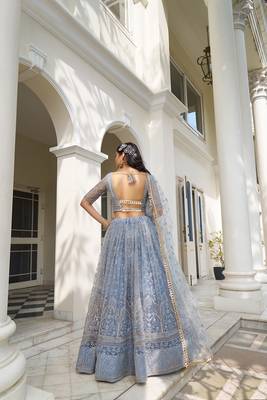 Light Blue Net Embroidered & Thread Work Semi Stitched Lehenga Choli 3