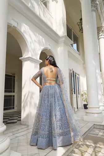Light Blue Net Embroidered & Thread Work Semi Stitched Lehenga Choli