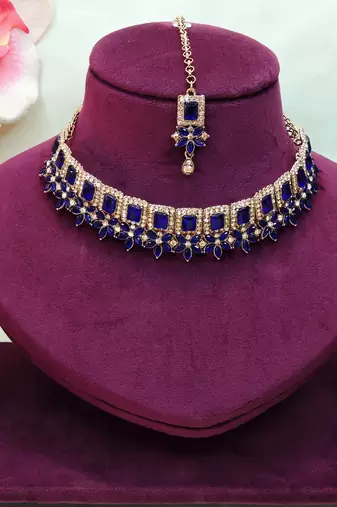 Blue yellow gold premium designer american diamond and stone work necklace set