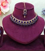 Blue yellow gold premium designer american diamond and stone work necklace set