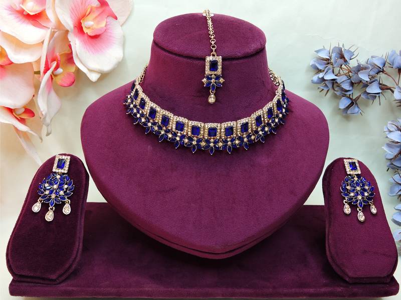 Blue yellow gold premium designer american diamond and stone work necklace set
