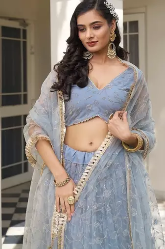 Light Blue Net Embroidered & Thread Work Semi Stitched Lehenga Choli