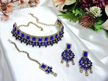 Blue yellow gold premium designer american diamond and stone work necklace set 2