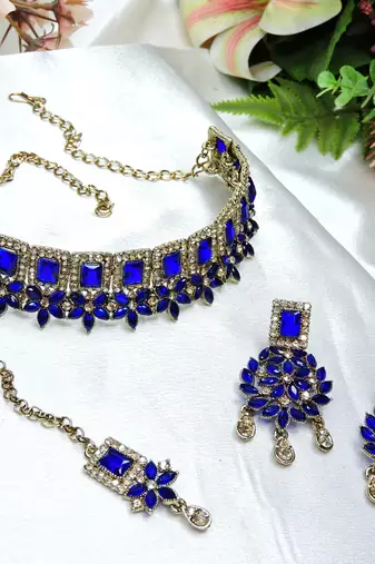 Blue yellow gold premium designer american diamond and stone work necklace set