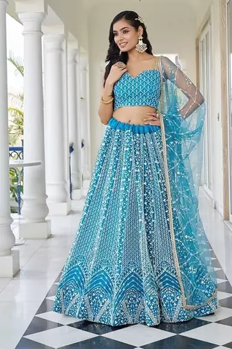 Sky Blue Net Embroidered & Thread Work Semi Stitched Lehenga Choli