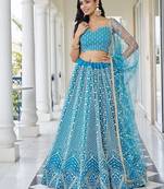 Sky Blue Net Embroidered & Thread Work Semi Stitched Lehenga Choli