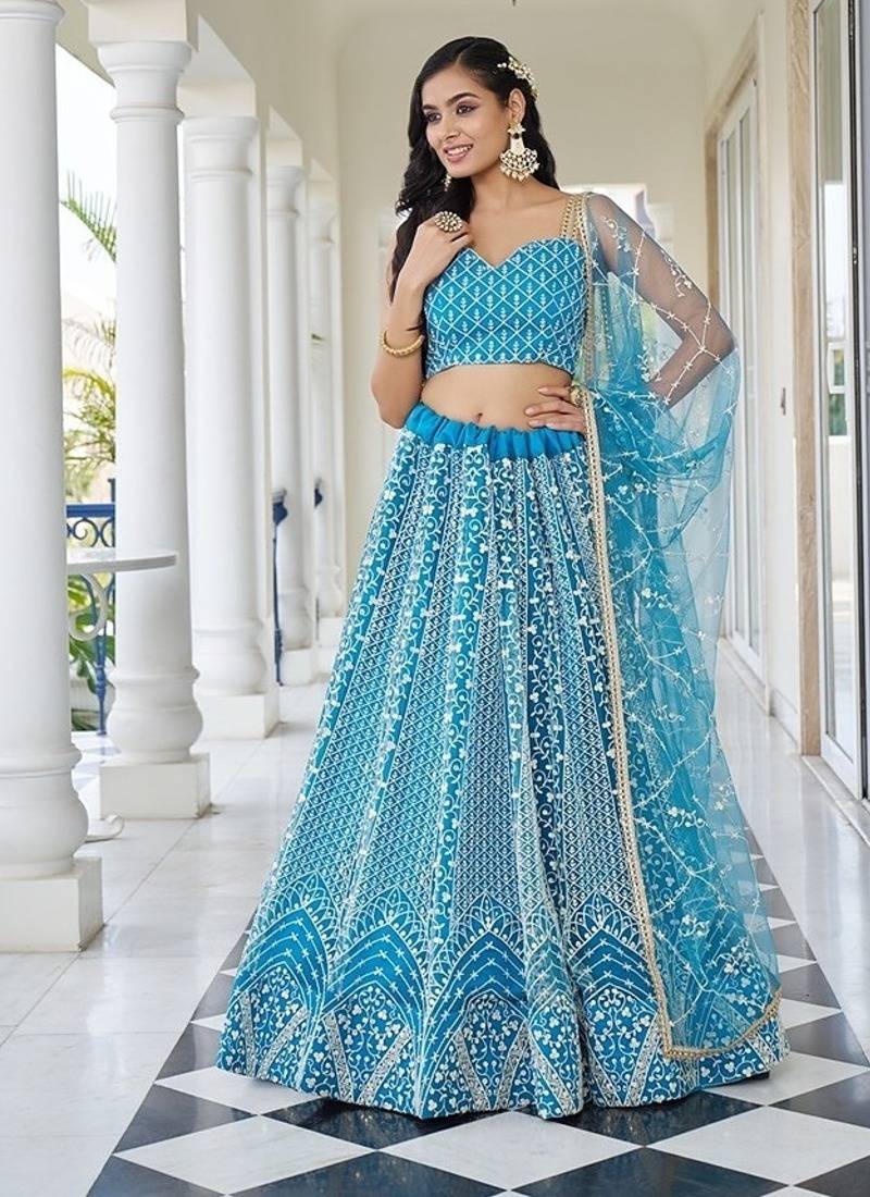 Sky Blue Net Embroidered & Thread Work Semi Stitched Lehenga Choli