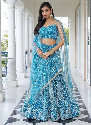 Sky Blue Net Embroidered & Thread Work Semi Stitched Lehenga Choli 2