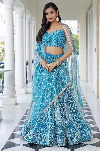 Sky Blue Net Embroidered & Thread Work Semi Stitched Lehenga Choli