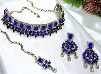 Blue yellow gold premium designer american diamond and stone work necklace set 3