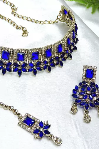 Blue yellow gold premium designer american diamond and stone work necklace set