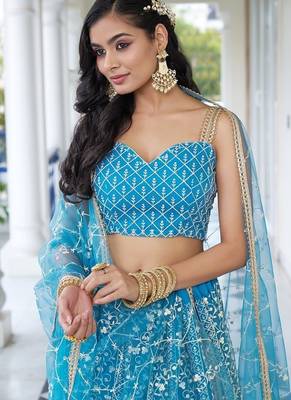 Sky Blue Net Embroidered & Thread Work Semi Stitched Lehenga Choli 3