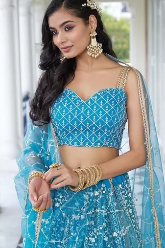 Sky Blue Net Embroidered & Thread Work Semi Stitched Lehenga Choli