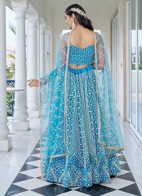 Sky Blue Net Embroidered & Thread Work Semi Stitched Lehenga Choli 4