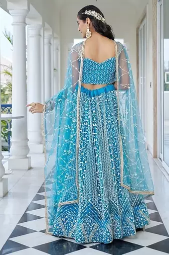 Sky Blue Net Embroidered & Thread Work Semi Stitched Lehenga Choli