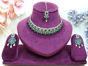 Green yellow gold premium designer american diamond and stone work necklace set 1