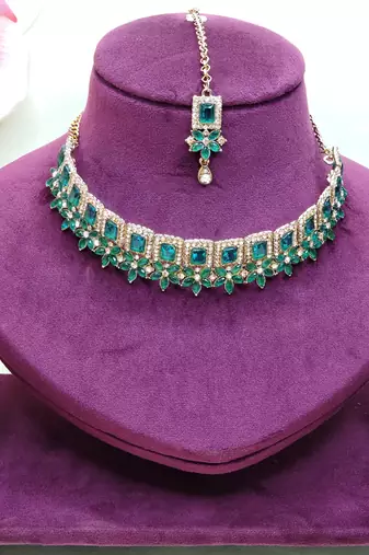 Green yellow gold premium designer american diamond and stone work necklace set