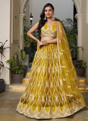 Mustard Net Embroidered & Thread Work Semi Stitched Lehenga Choli 1