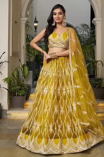 Mustard Net Embroidered & Thread Work Semi Stitched Lehenga Choli