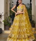 Mustard Net Embroidered & Thread Work Semi Stitched Lehenga Choli