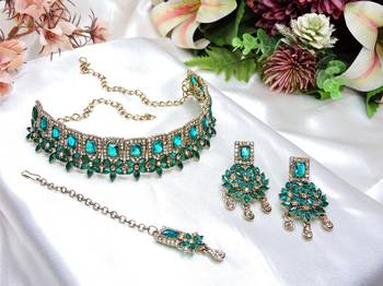 Green yellow gold premium designer american diamond and stone work necklace set 2