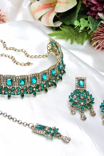 Green yellow gold premium designer american diamond and stone work necklace set