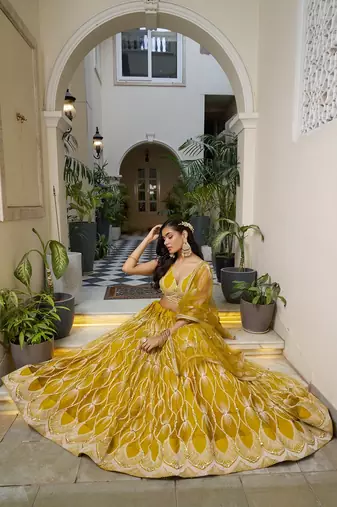 Mustard Net Embroidered & Thread Work Semi Stitched Lehenga Choli