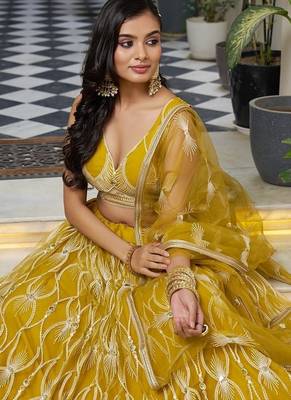 Mustard Net Embroidered & Thread Work Semi Stitched Lehenga Choli 3