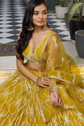Mustard Net Embroidered & Thread Work Semi Stitched Lehenga Choli