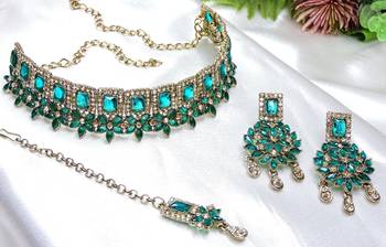 Green yellow gold premium designer american diamond and stone work necklace set 3