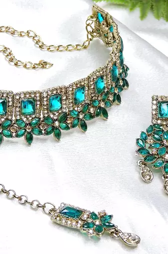 Green yellow gold premium designer american diamond and stone work necklace set