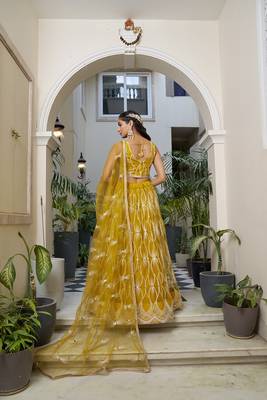 Mustard Net Embroidered & Thread Work Semi Stitched Lehenga Choli 4