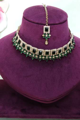 Green yellow gold premium designer american diamond and stone work necklace set