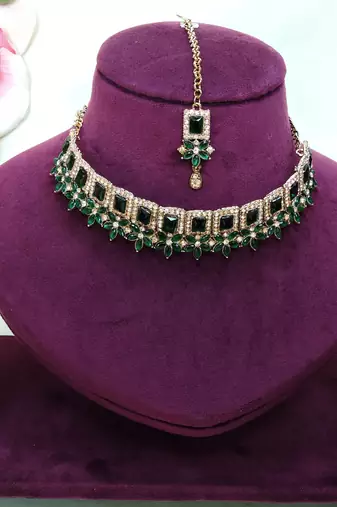 Green yellow gold premium designer american diamond and stone work necklace set