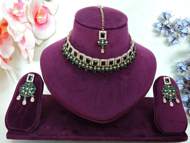 Green yellow gold premium designer american diamond and stone work necklace set