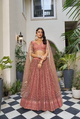 Orange Net Embroidered & Thread Work Semi Stitched Lehenga Choli 1