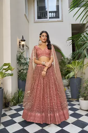 Orange Net Embroidered & Thread Work Semi Stitched Lehenga Choli
