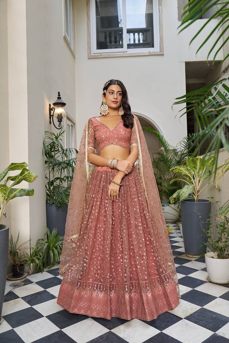 Orange Net Embroidered & Thread Work Semi Stitched Lehenga Choli