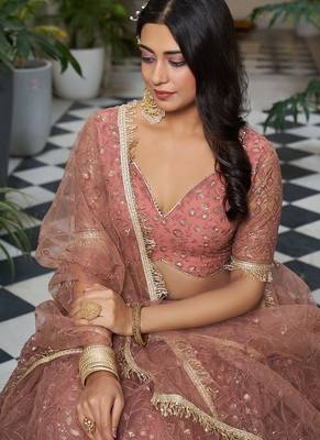 Orange Net Embroidered & Thread Work Semi Stitched Lehenga Choli 2