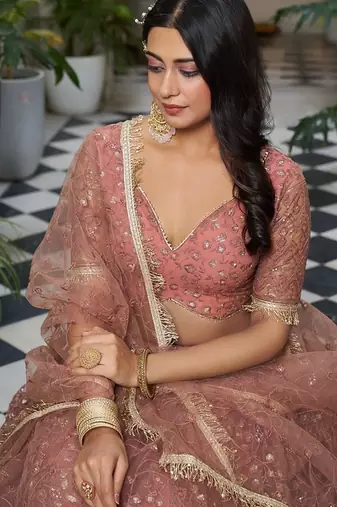 Orange Net Embroidered & Thread Work Semi Stitched Lehenga Choli