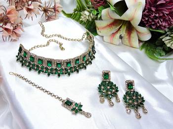Green yellow gold premium designer american diamond and stone work necklace set 2