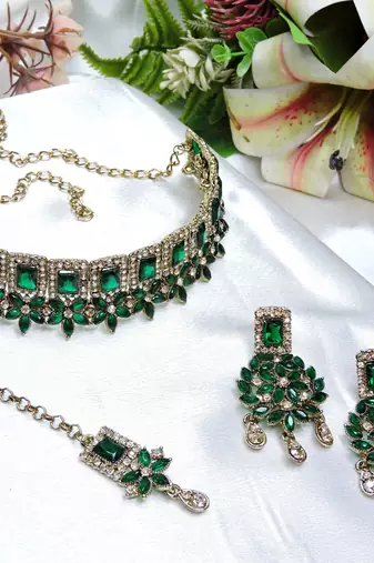 Green yellow gold premium designer american diamond and stone work necklace set