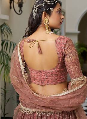 Orange Net Embroidered & Thread Work Semi Stitched Lehenga Choli 3