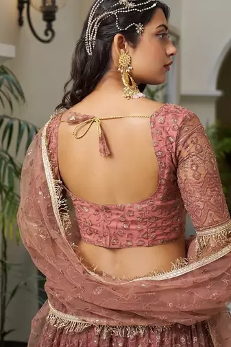 Orange Net Embroidered & Thread Work Semi Stitched Lehenga Choli